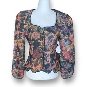 Vintage Cachet Collarless Tapestry Jacket Black Floral Scalloped Button Up Top